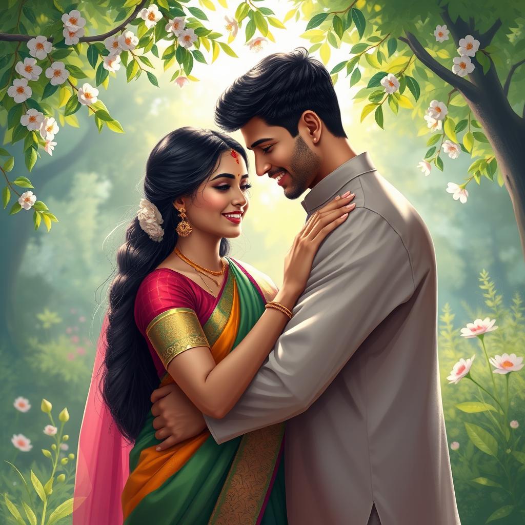 A beautiful digital painting of an Indian couple embracing each other in a serene natural setting