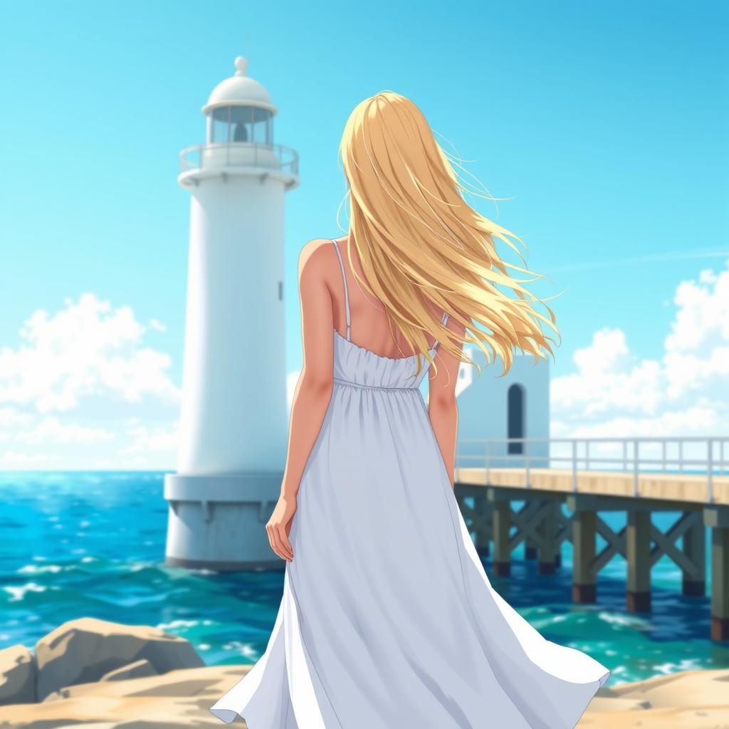 A beautiful blonde woman standing upright in a flowing white dress in front of a pristine white pier lighthouse, viewed from a back perspective