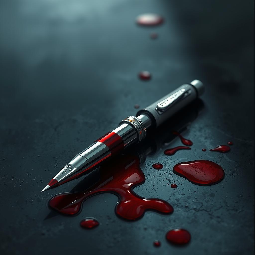 A digital painting of a blood-soaked pen lying on a dark, textured surface