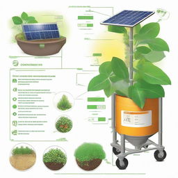 Modify the 'EcoHarvestBin' diagram to a simplified version with English labels. Make sure to include key components: solar panel, smart sensor, recycling chamber, and mobile app icon, each clearly labelled with their function.