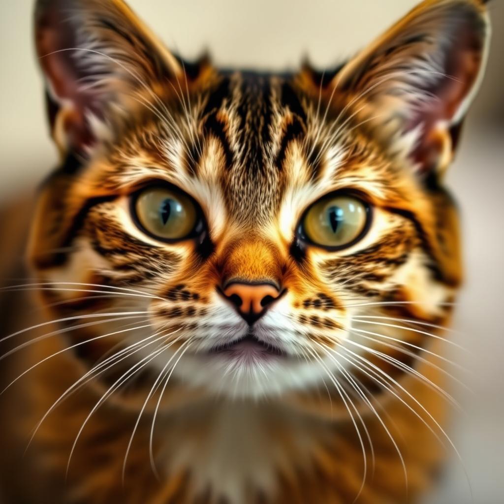 A close-up portrait of a healthy cat with bright, normal eyes, showcasing its vibrant fur and expressive features