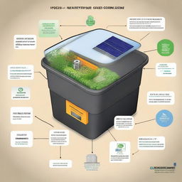 Modify the 'EcoHarvestBin' diagram to a simplified version with English labels. Make sure to include key components: solar panel, smart sensor, recycling chamber, and mobile app icon, each clearly labelled with their function.