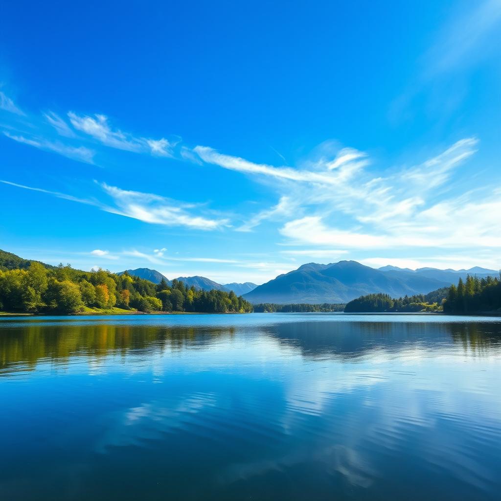A serene landscape featuring a tranquil lake surrounded by lush greenery and distant mountains under a bright blue sky