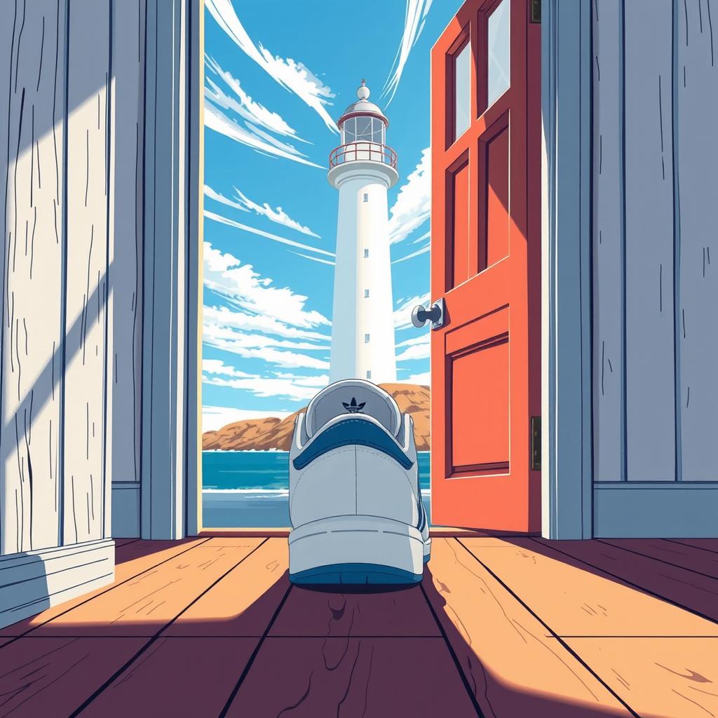 An eye-catching anime-style illustration featuring a white and blue Adidas Originals sneaker positioned behind an open lighthouse door