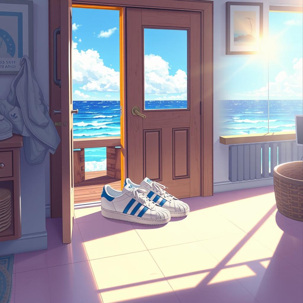 A captivating anime-style artwork featuring a pair of white and blue Adidas Originals sneakers positioned behind a slightly open door