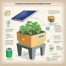 Modify the 'EcoHarvestBin' diagram to a simplified version with English labels. Make sure to include key components: solar panel, smart sensor, recycling chamber, and mobile app icon, each clearly labelled with their function.