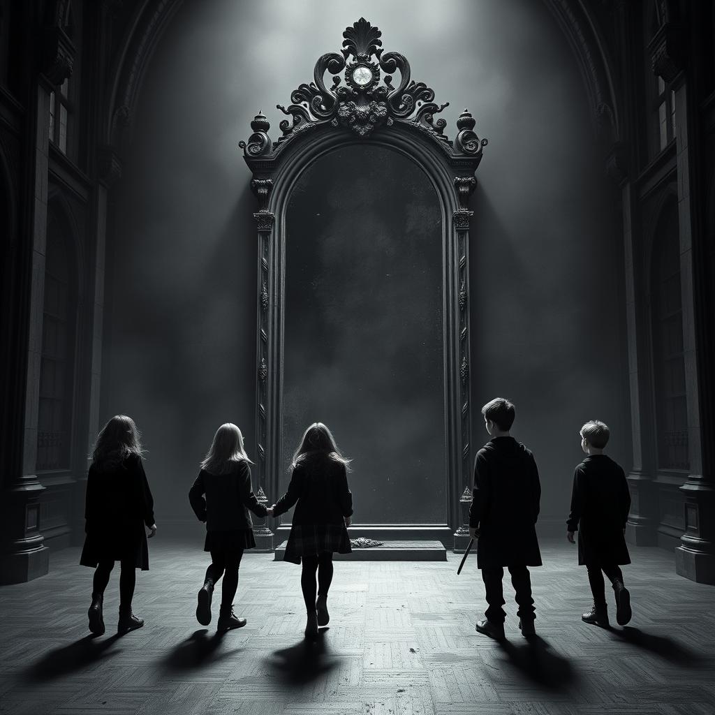 Four Hogwarts students entering a large, silent room where a massive antique mirror, covered in dust, stands prominently
