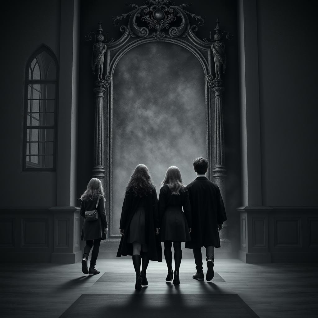 Four Hogwarts students, two girls and two boys, all teenagers, entering a large, quiet room where an enormous, ancient mirror covered in dust stands prominently