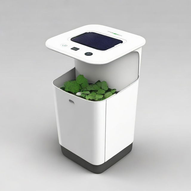 Redesign the 'EcoHarvestBin' as a functional and intuitive trashcan. It should feature solar panels, smart sensors for waste categorization, a recycling chamber, and a mobile app interaction point, each labelled in English.