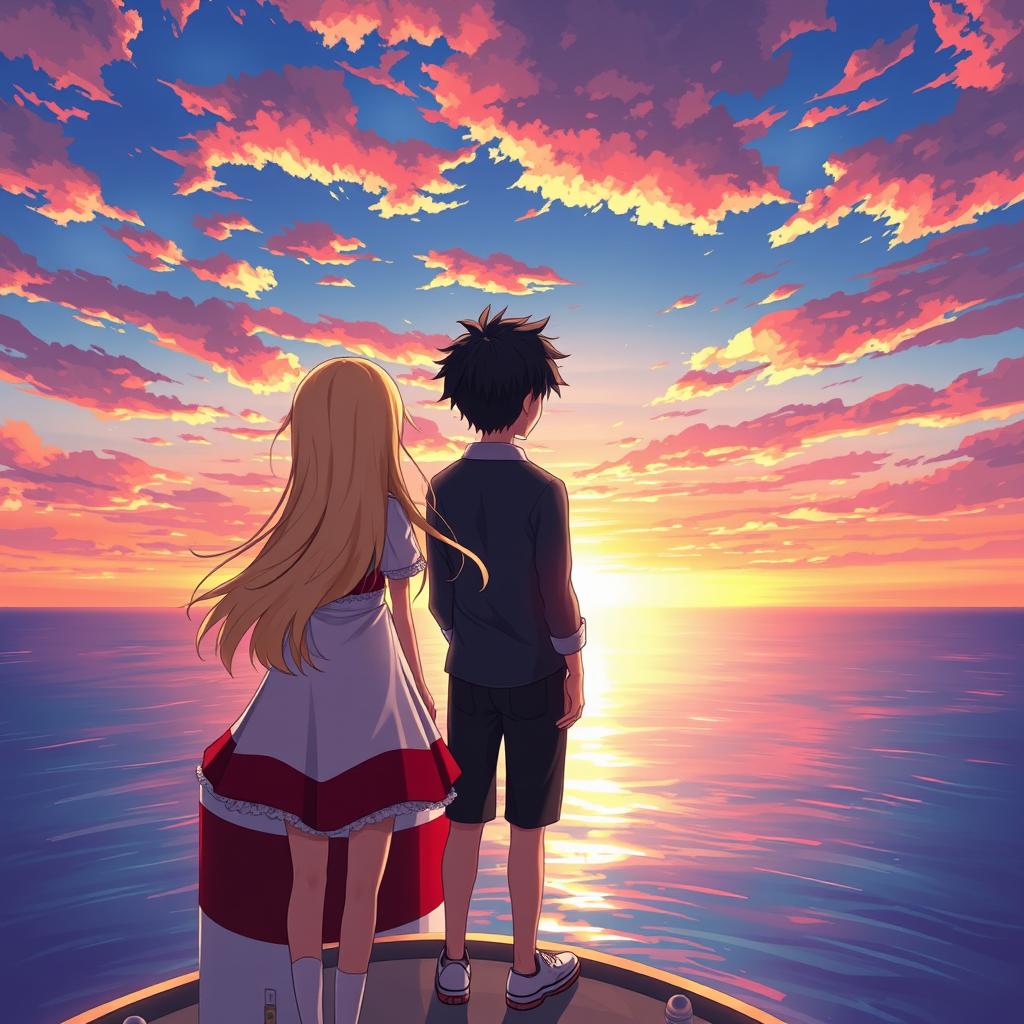 A stunning anime-style scene showcasing a blonde girl and a dark-haired boy, viewed from behind, standing atop a lighthouse
