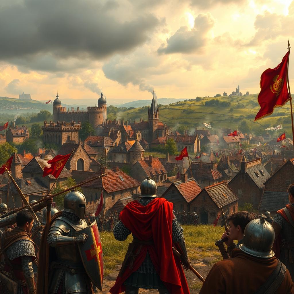 A historical scene depicting France besieged by England in the 16th century