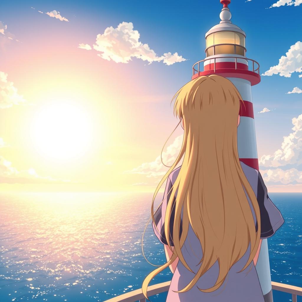 An enchanting anime scene depicting a blonde girl and a dark-haired boy viewed from the back, standing atop a lighthouse