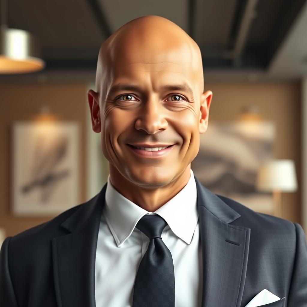 A realistic portrait of a tall, wealthy bald man, featuring a distinguished expression, wearing a tailored suit