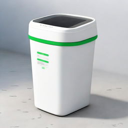 Redesign the 'EcoHarvestBin' as a functional and intuitive trashcan. It should feature solar panels, smart sensors for waste categorization, a recycling chamber, and a mobile app interaction point, each labelled in English.