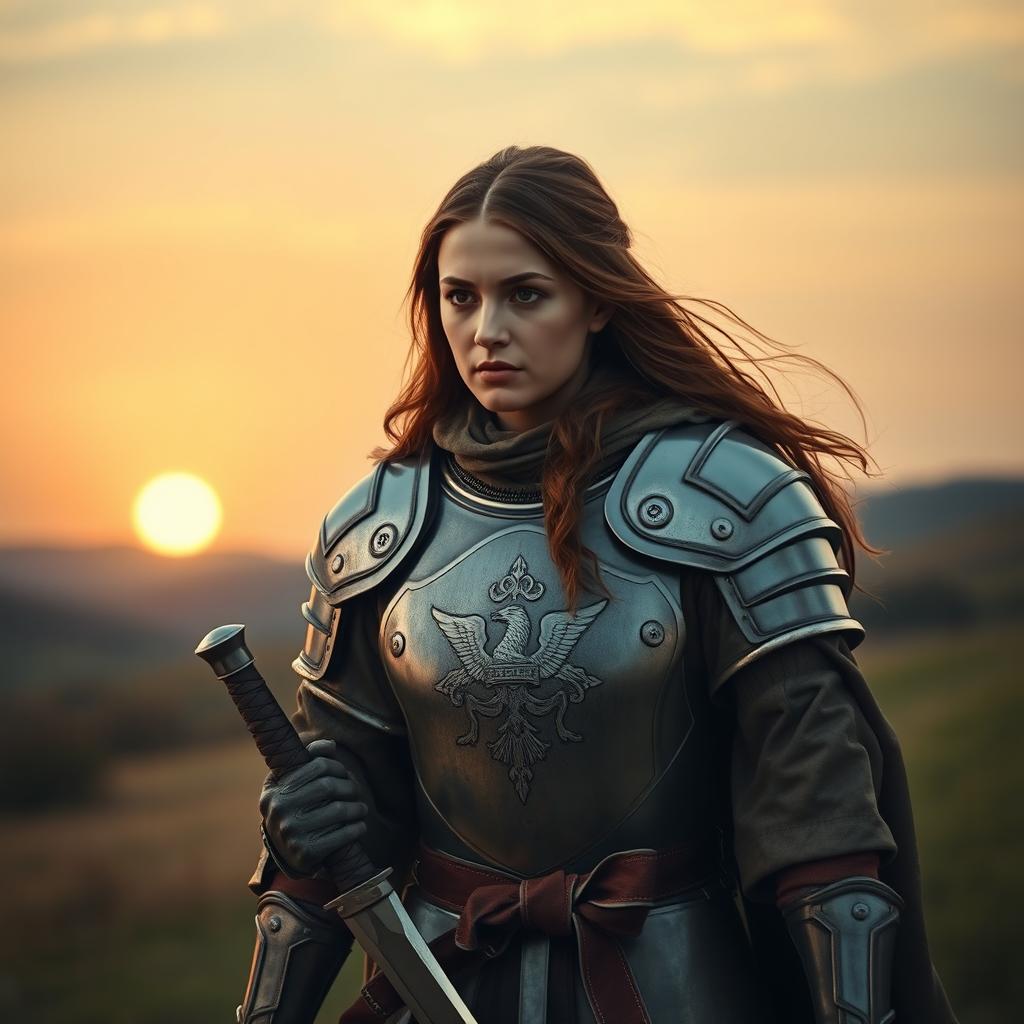 Joan of Arc, depicted as a strong yet sorrowful warrior, walking home with a solemn expression