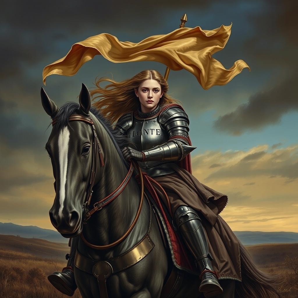 A portrayal of Joan of Arc, depicted as a strong female figure, riding a majestic horse with a determined yet sorrowful expression, returning home