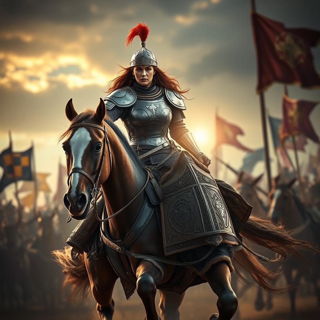 A fierce and determined Joan of Arc dressed in masculine clothing and intricately designed battle armor, riding valiantly on a majestic horse as part of a historical army