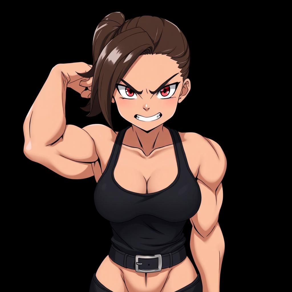 A powerful bodybuilder girl in a front view shot with an intense expression