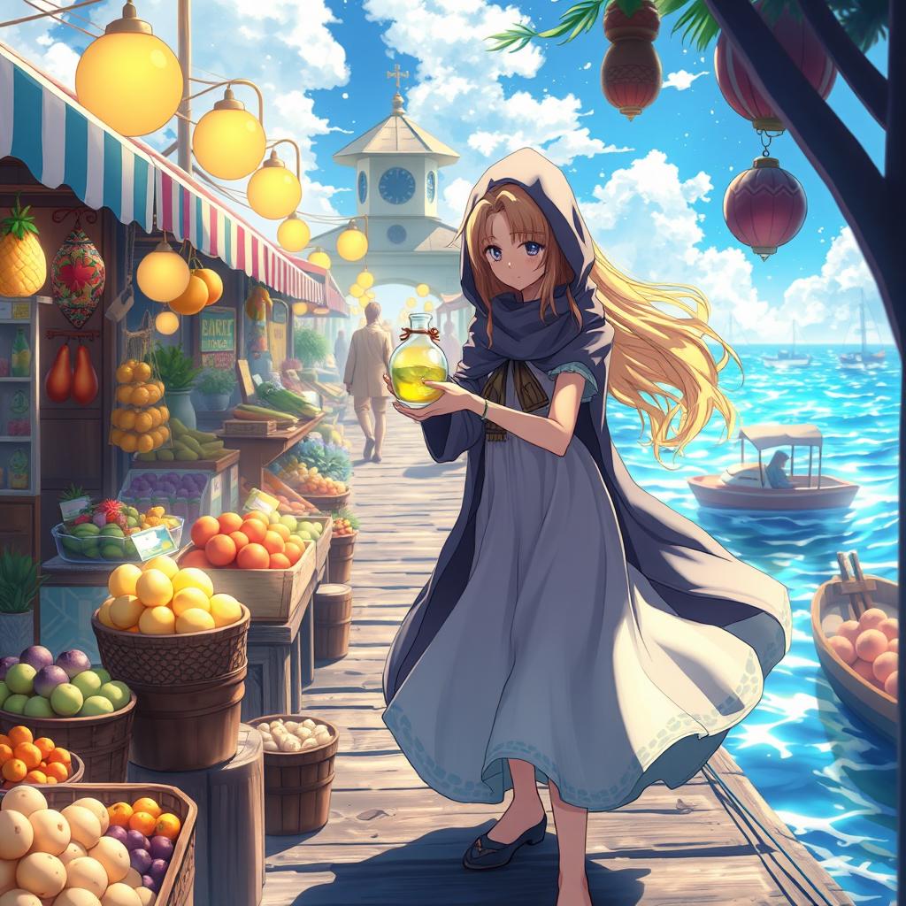An enchanting anime artwork depicting a blonde girl gracefully receiving a glowing potion from a mysterious faceless traveler at a bustling pier market
