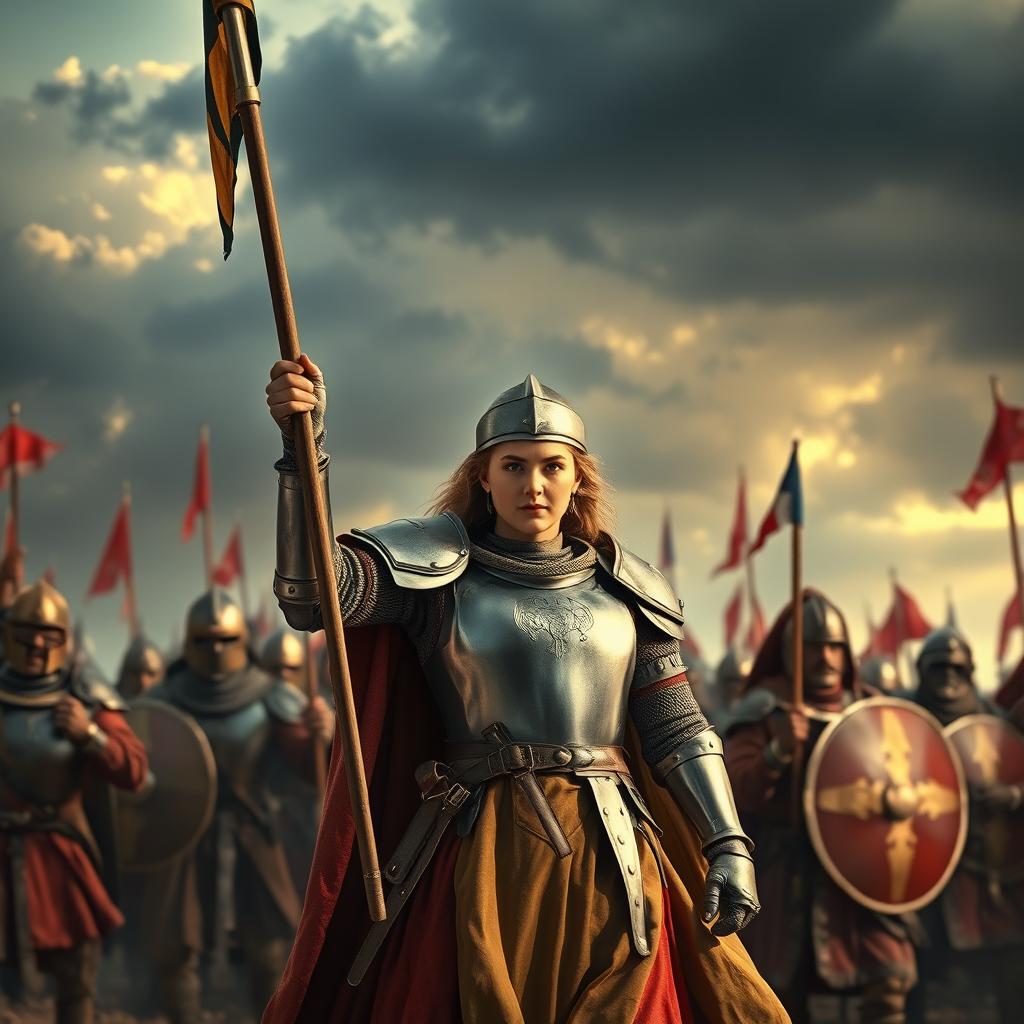 Joan of Arc dressed in men's clothing and a suit of armor, leading her army in a battlefield setting