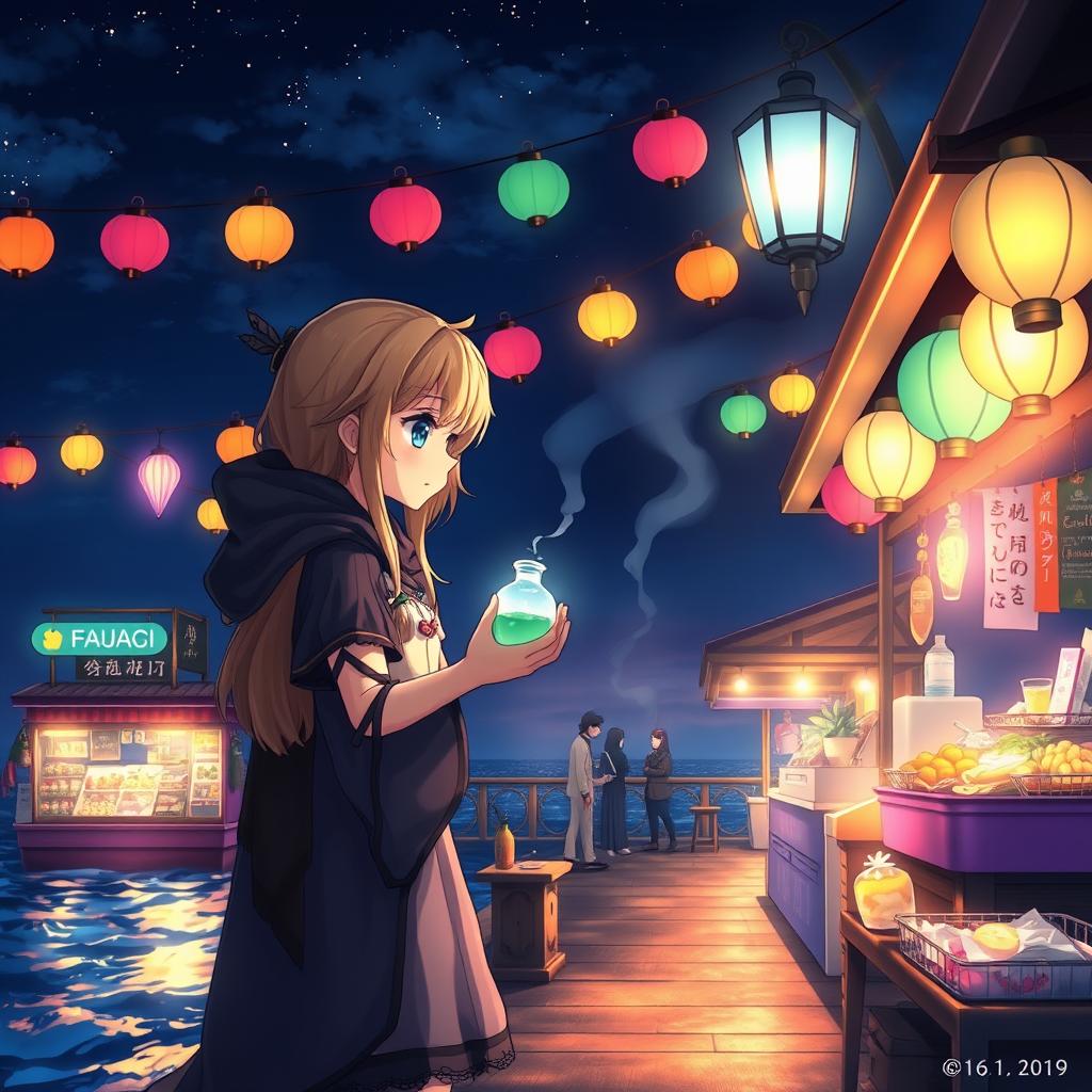 An enchanting anime artwork depicting a blonde girl receiving a glowing potion from a mysterious faceless traveler at a lively pier market during the night