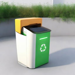 Redesign the 'EcoHarvestBin' as a functional and intuitive trashcan. It should feature solar panels, smart sensors for waste categorization, a recycling chamber, and a mobile app interaction point, each labelled in English.