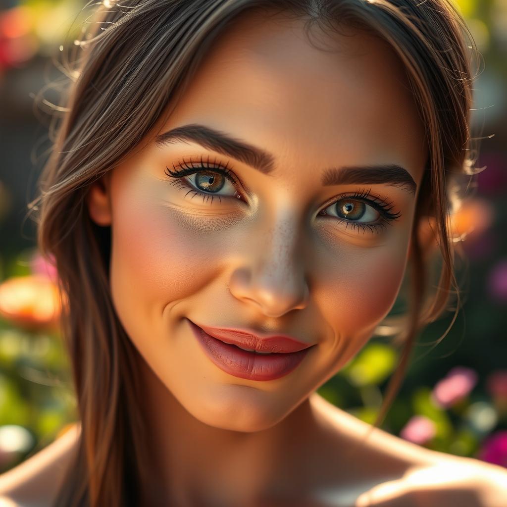 A close-up portrait of a beautiful woman with flawless skin and striking features, looking directly at the viewer with captivating eyes