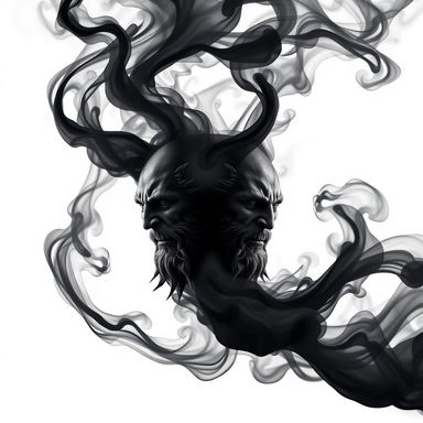 A terrifying yet mesmerizing depiction of Hades with two heads emerging from swirling black smoke