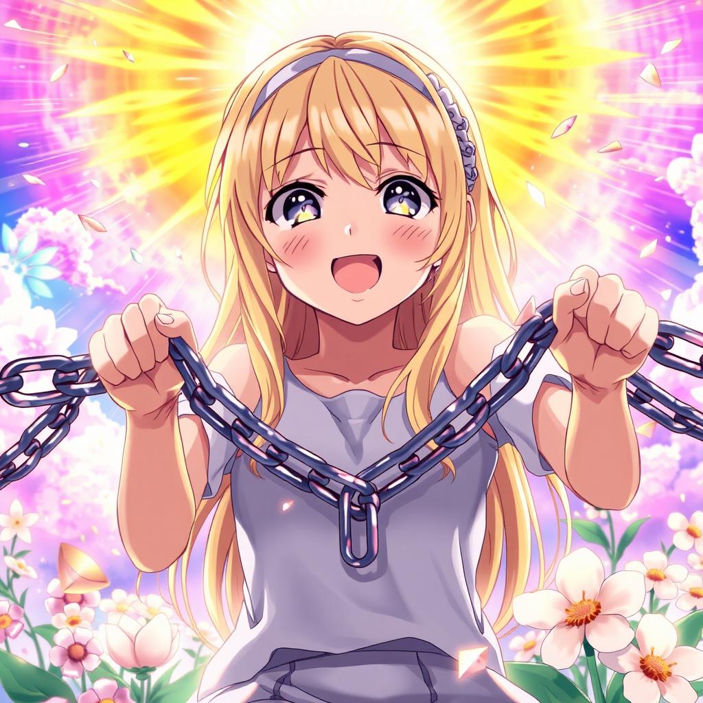 A powerful and uplifting anime artwork depicting a blonde girl breaking free from chains, symbolizing her liberation and the pursuit of happiness