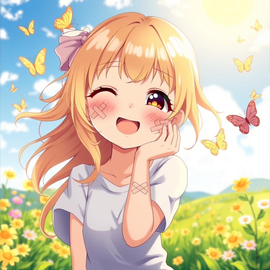 A heartwarming anime artwork featuring a cheerful blonde girl adorned with playful band-aids on her arms and cheeks, showcasing her resilience and positive spirit