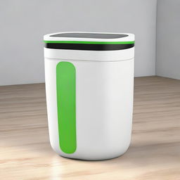 Redesign the 'EcoHarvestBin' as a functional and intuitive trashcan. It should feature solar panels, smart sensors for waste categorization, a recycling chamber, and a mobile app interaction point, each labelled in English.