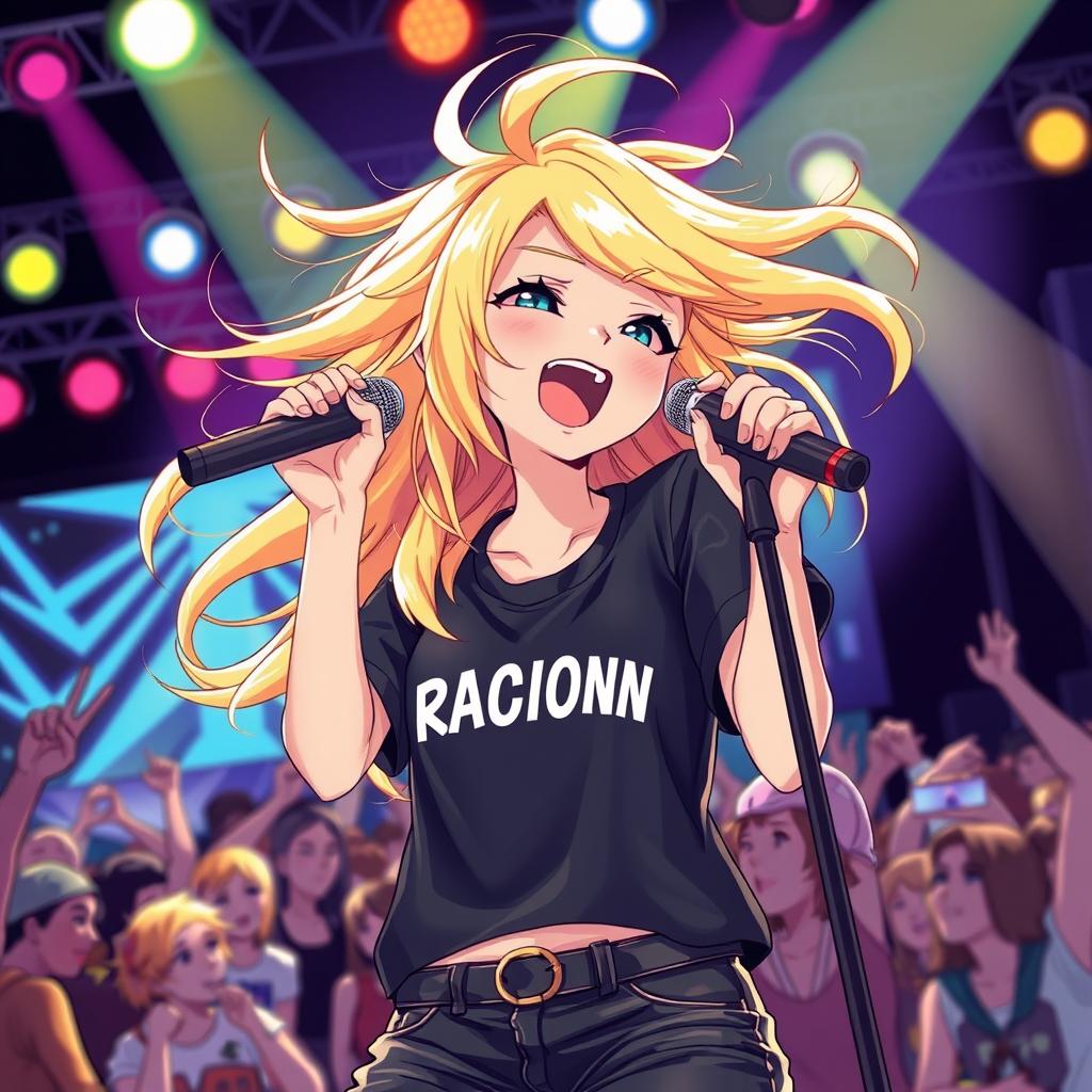 An energetic anime artwork featuring a blonde girl passionately singing rap on stage, wearing a stylish Racionais t-shirt