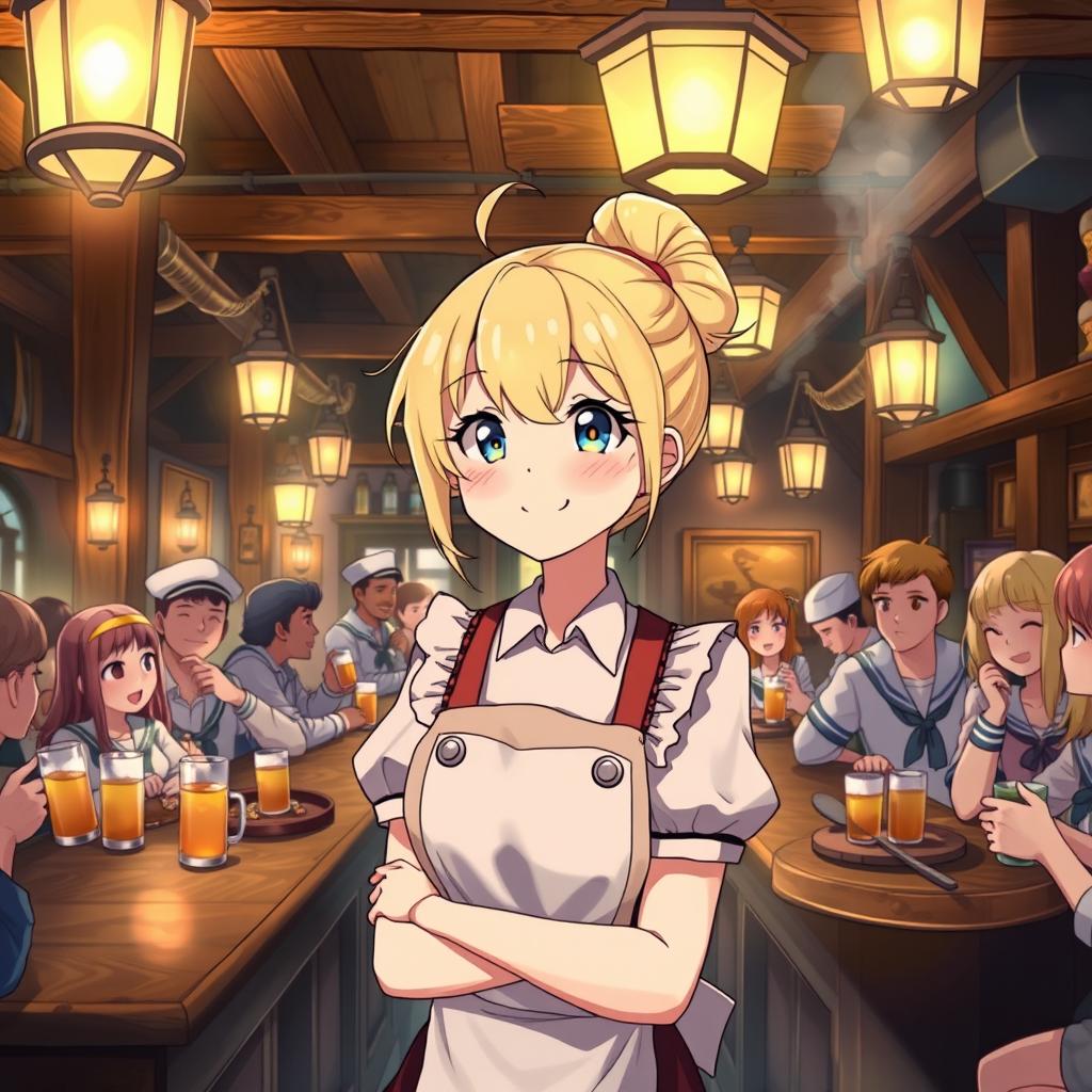 A lively anime artwork featuring a cheerful blonde waitress girl in a bustling tavern filled with sailors