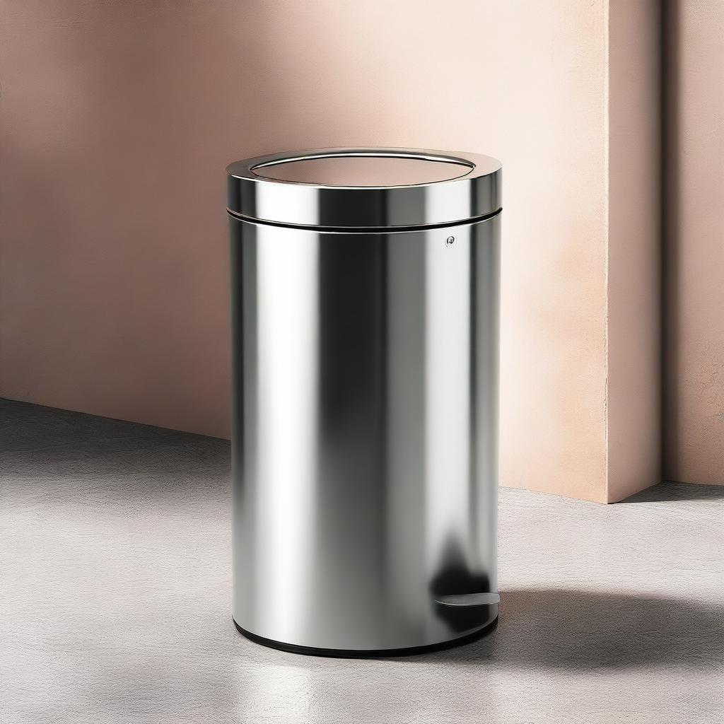 Design a modern, sleek trashcan, with a polished finish and an ergonomic design, suitable for both indoor and outdoor use.