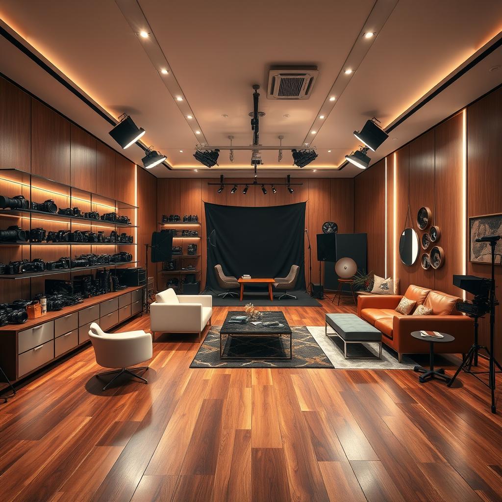 A captivating and luxurious interior of a professional photography studio, featuring elegant lighting and a sleek design