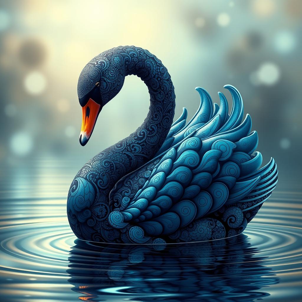A realistic and vibrant depiction of a psychedelic swan, featuring intricate patterns and swirling designs that embody a dreamlike quality