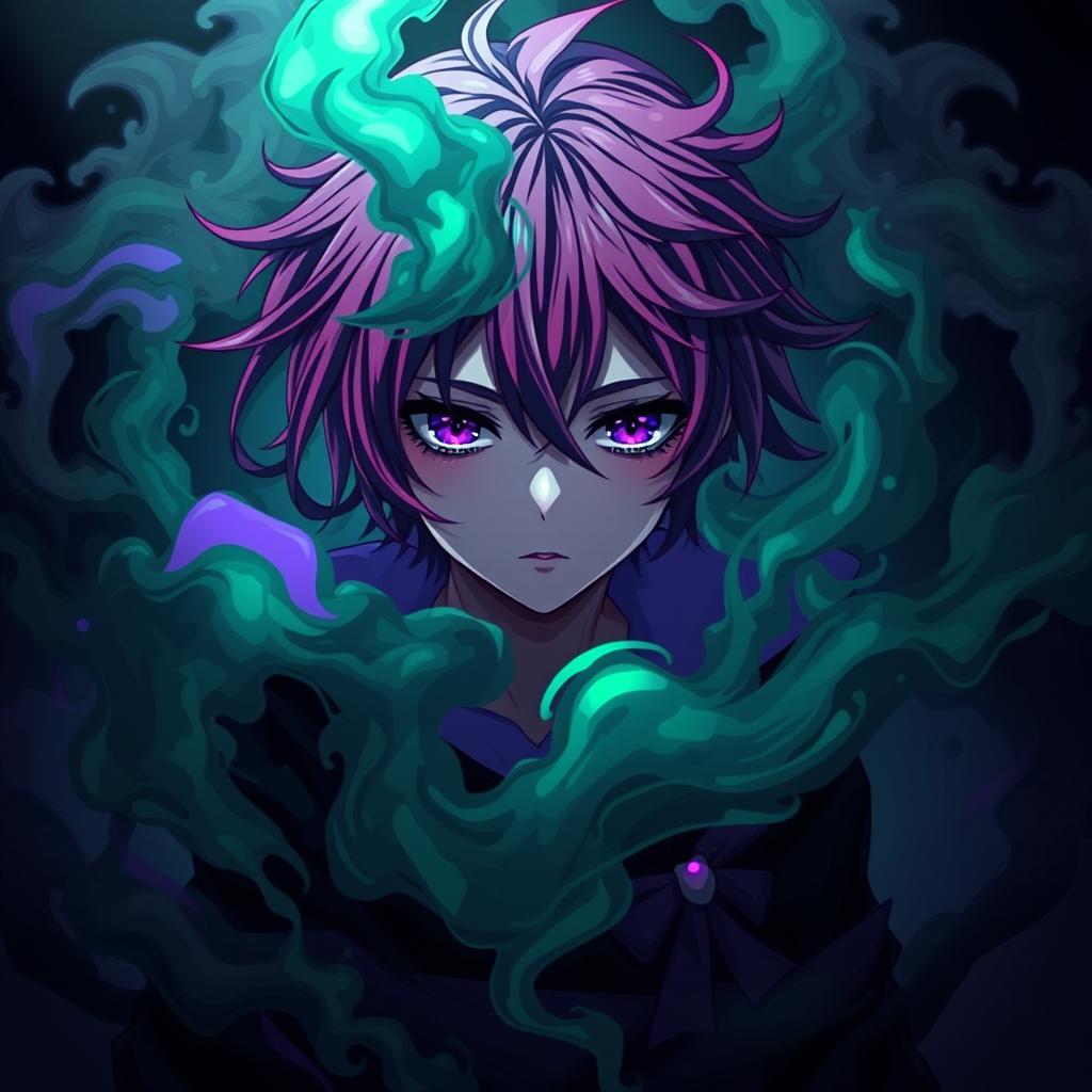 A captivating anime character surrounded by a dark shadowy aura and swirling toxic smoke