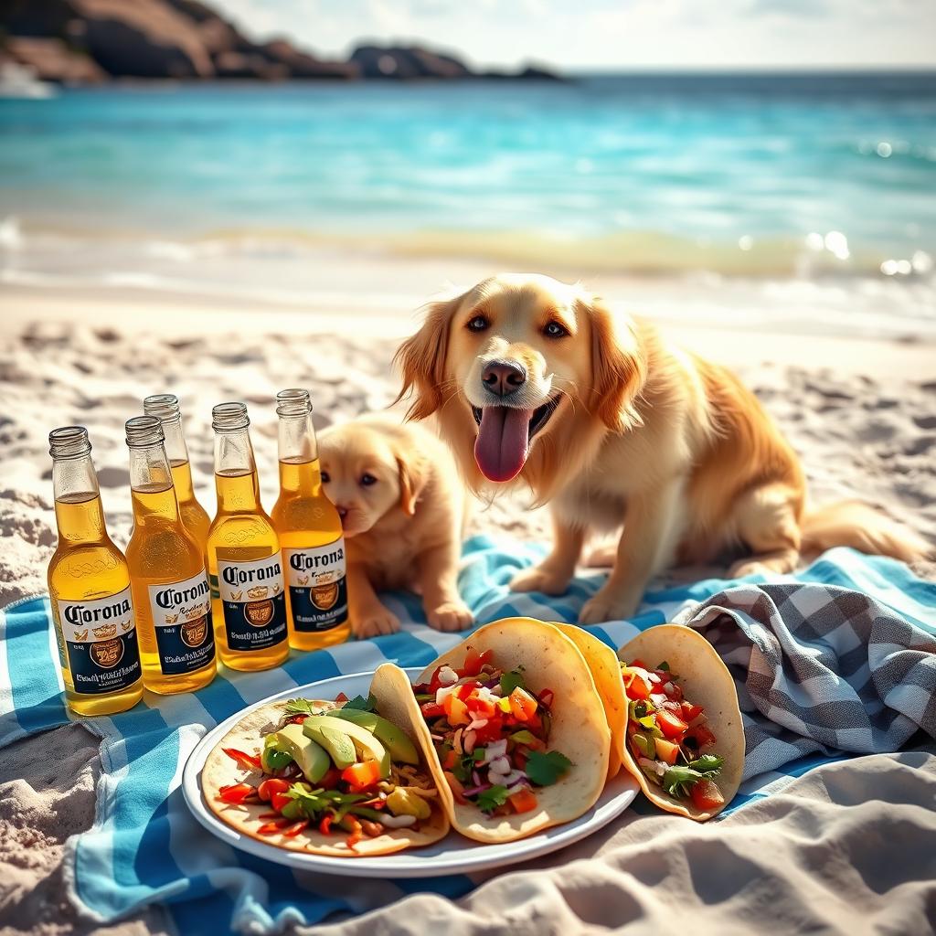 A playful golden retriever dog sitting on a sandy beach, with the brilliant blue ocean in the background