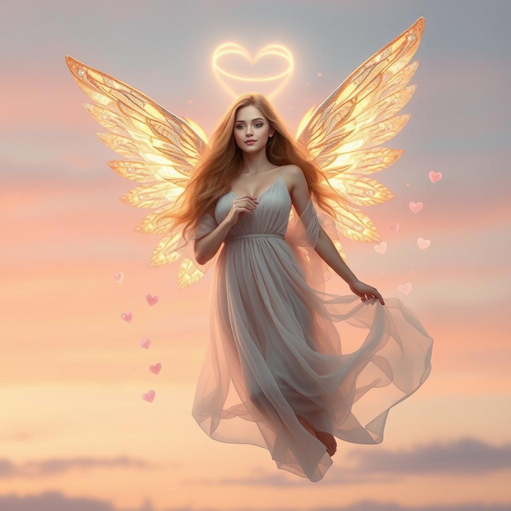 A mesmerizing depiction of a love angel, elegantly floating in a serene twilight sky