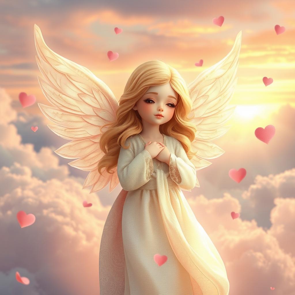 A charming, ethereal love angel with delicate, flowing wings, adorned in soft, shimmering robes that flutter gently in the air