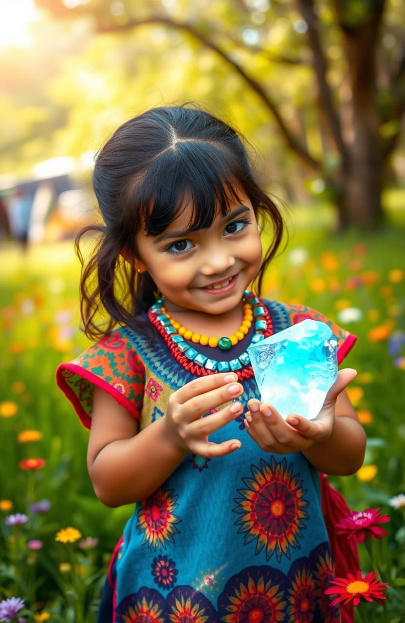 A young Aboriginal girl with dark hair wearing a vibrant traditional outfit, holding a glowing magic stone in her hands