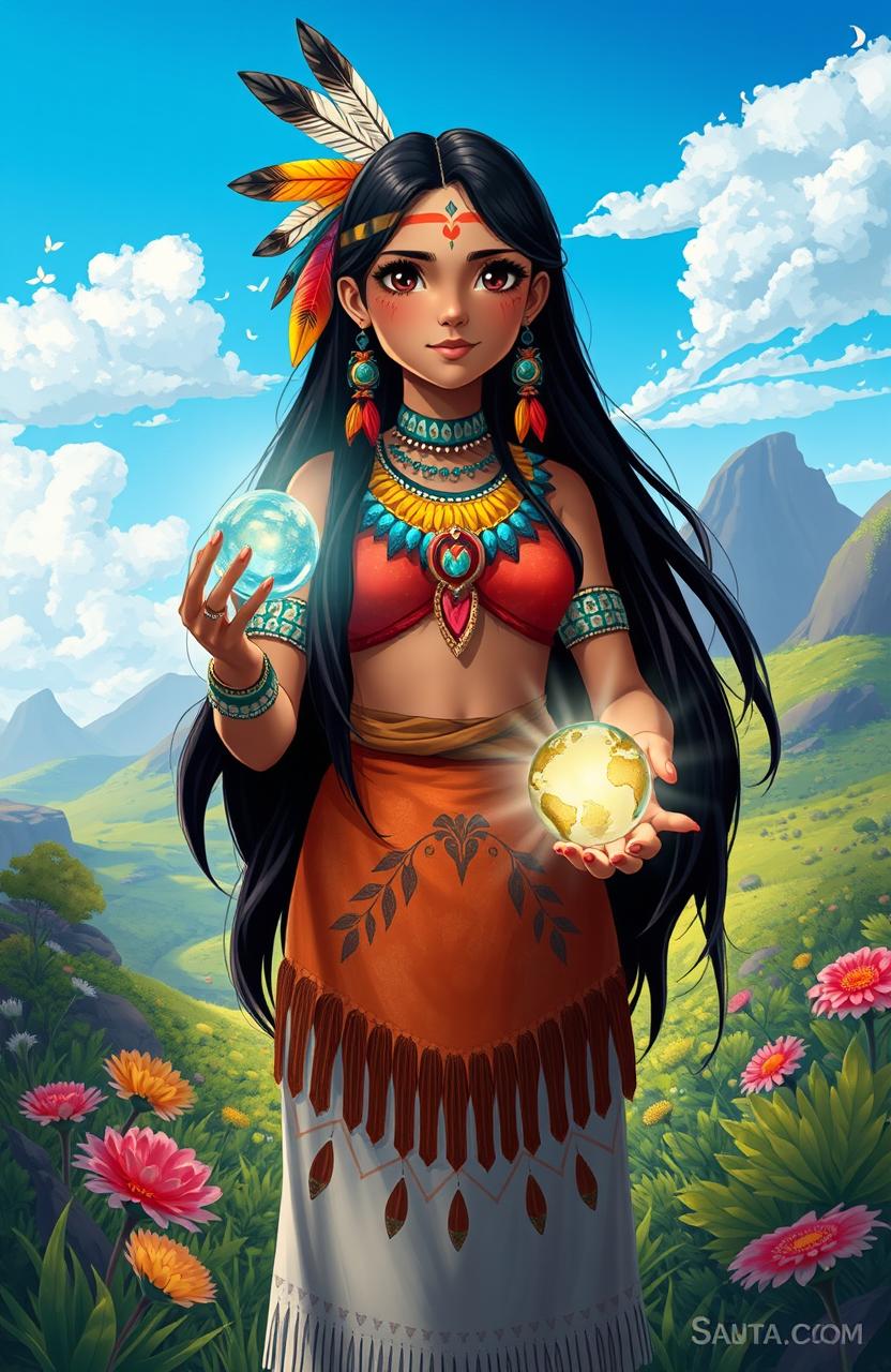 A stunning illustration of Kalayah, a Yindjibarndi girl, standing proudly in a vibrant landscape, showcasing her rich cultural heritage