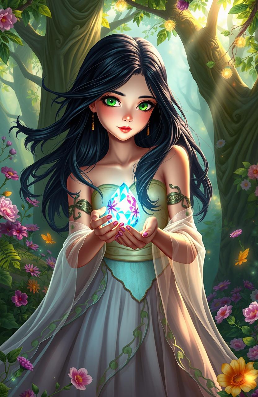 A vibrant fantasy scene featuring Kalayah, a young woman with flowing black hair and striking green eyes, standing in a lush, enchanted forest