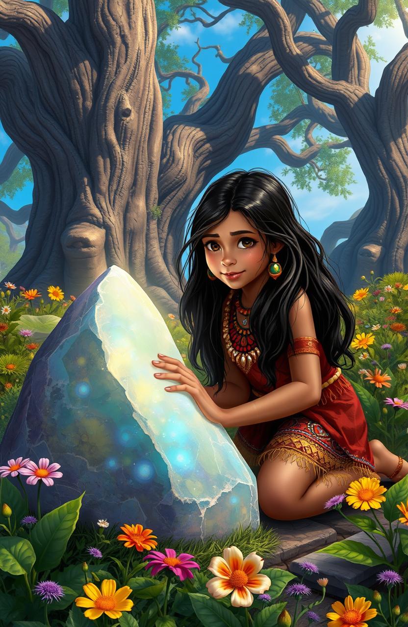 A vibrant and enchanting scene depicting an Aboriginal girl, dressed in traditional attire adorned with intricate patterns and earth tones, exploring a mystical landscape