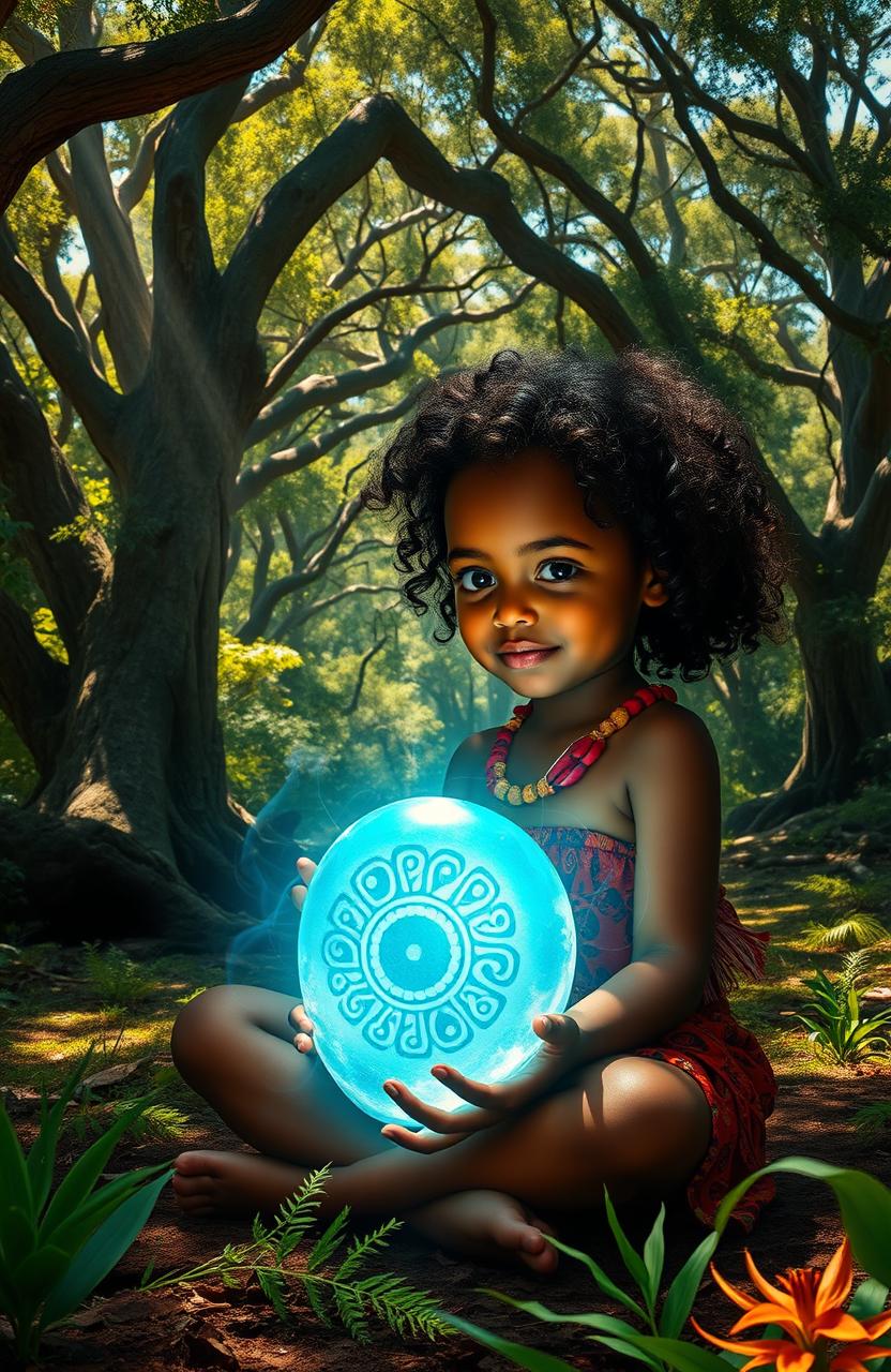 A young dark-skinned Aboriginal girl, with curly hair, wearing traditional attire, sitting on the ground in a lush, vibrant forest filled with ancient trees