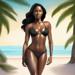 A high-quality digital art of a confident, attractive black woman donning a sleek, thin bikini