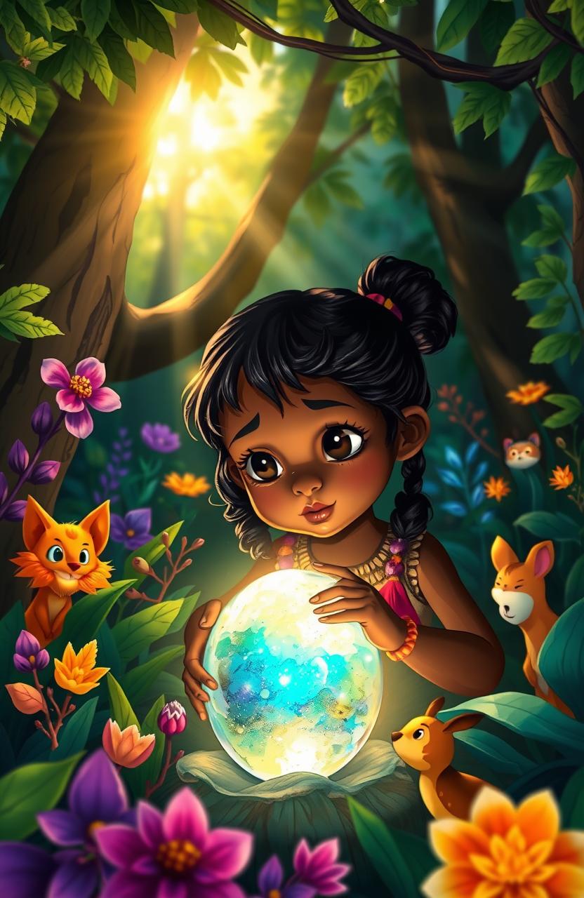 A mystical scene featuring a little dark-skinned Aboriginal girl in a vibrant, enchanted forest