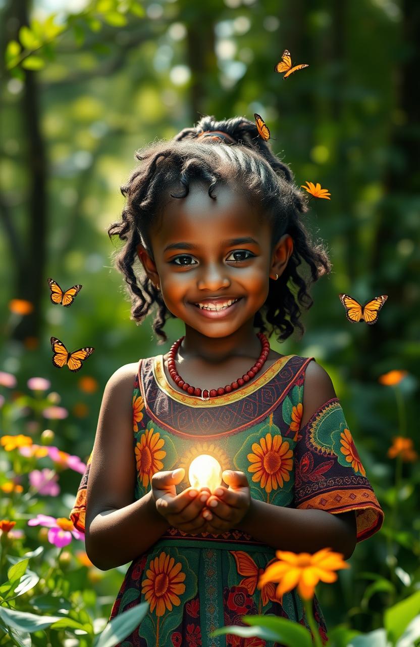 A young Aboriginal girl with dark skin, around six years old, stands in a lush green forest