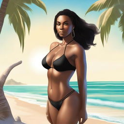 A high-quality digital art of a confident, attractive black woman donning a sleek, thin bikini