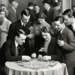 A lively scene in a bustling Parisian restaurant in the early 1930s, where elegantly dressed men and women gather around to assemble a jigsaw puzzle.